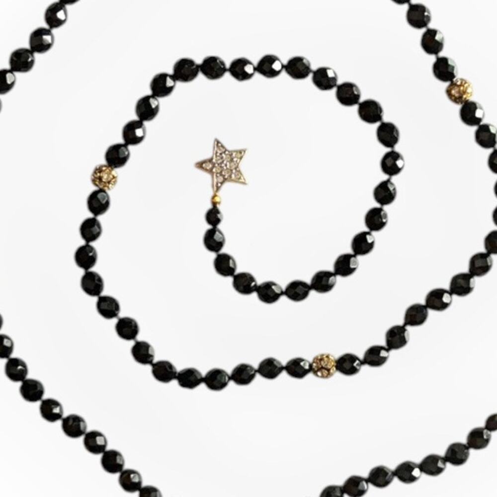 CAROLEE Vintage Black Knotted Glass Bead Necklace, Crystal Star Clasp 36"L